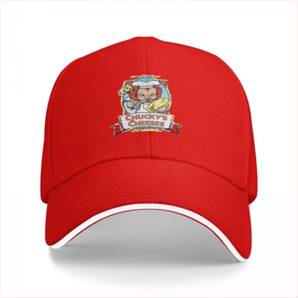 Black baseball cap with Chucky's Cheeses horror chef graphic