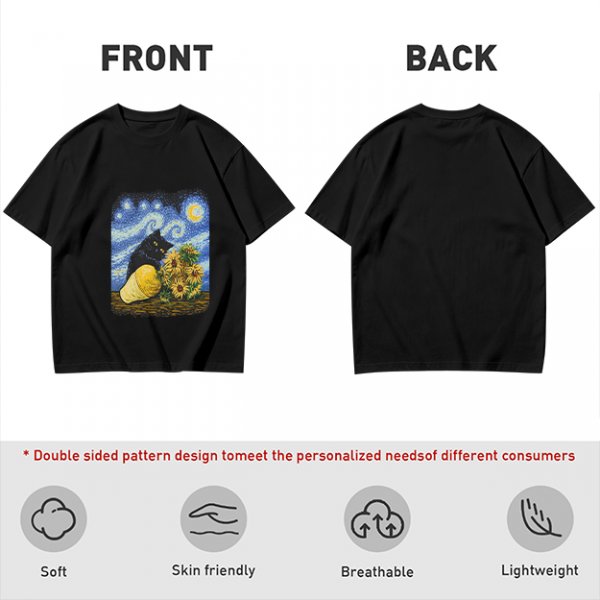 Olive T-Shirt with Starry Night Cat and Sunflowers Art Print