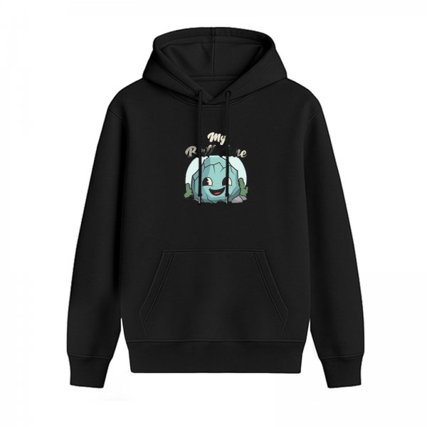 Black hoodie with cute smiling rock graphic and playful text