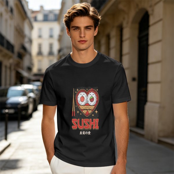Olive T-Shirt With Cute Sushi Heart Graphic That Says I Love Sushi