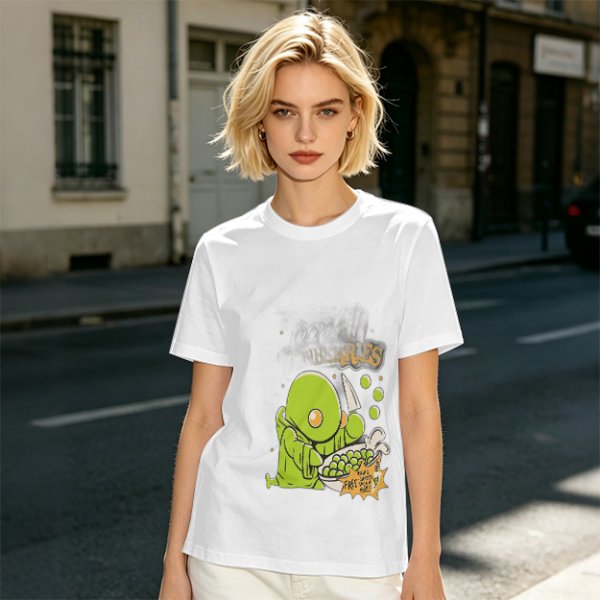 Olive Green T-Shirt With Cute Green Creature Preparing Peas Graphic