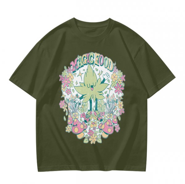 Olive Green Graphic T-Shirt With Whimsical Plant Creature And Floral Print