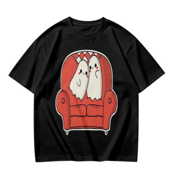 Olive T-Shirt with Cute Ghosts on Red Armchair Graphic