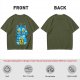 Olive T-Shirt With Blue Maneki-Neko Monster Graphic Print