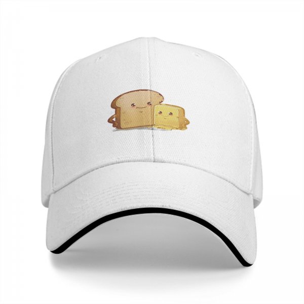 Black Baseball Cap With Cute Bread And Butter Cartoon Print