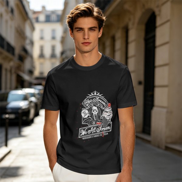 Olive green graphic t-shirt with horror ice cream themed print