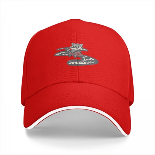 Black baseball cap with raccoon driving car and bad decisions print