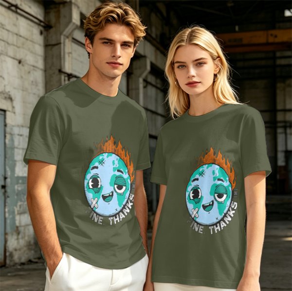Olive T-shirt with Worn Burning Earth Graphic and 'Fine Thanks' Text