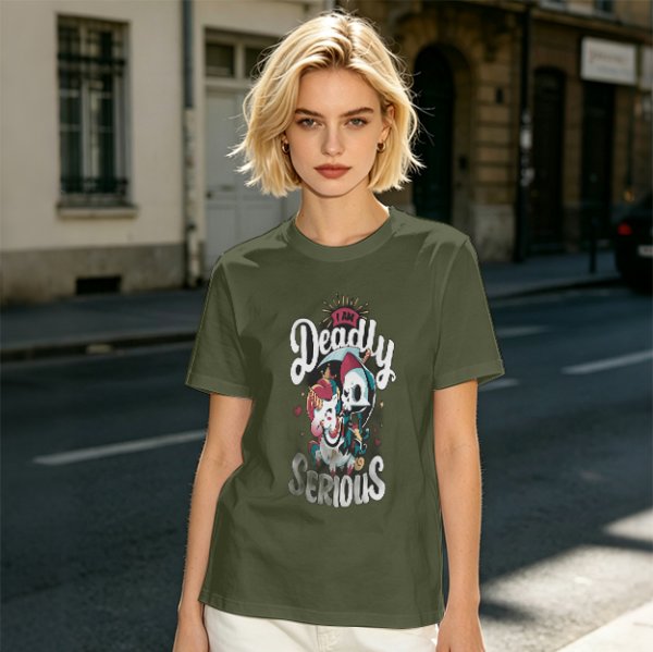 Olive graphic t-shirt with 'I Am Deadly Serious' and unicorn grim reaper art