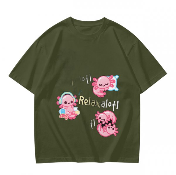 Olive T-Shirt With Cute Axolotl Relaxalotl Graphic Print
