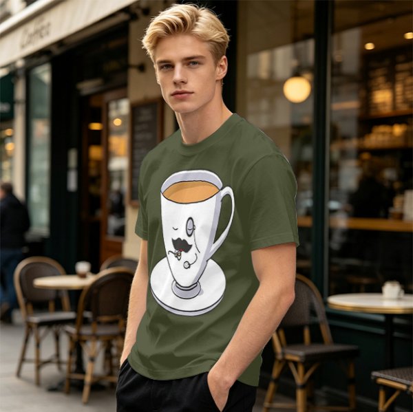 Olive Green T-Shirt With Dapper Cartoon Teacup Graphic