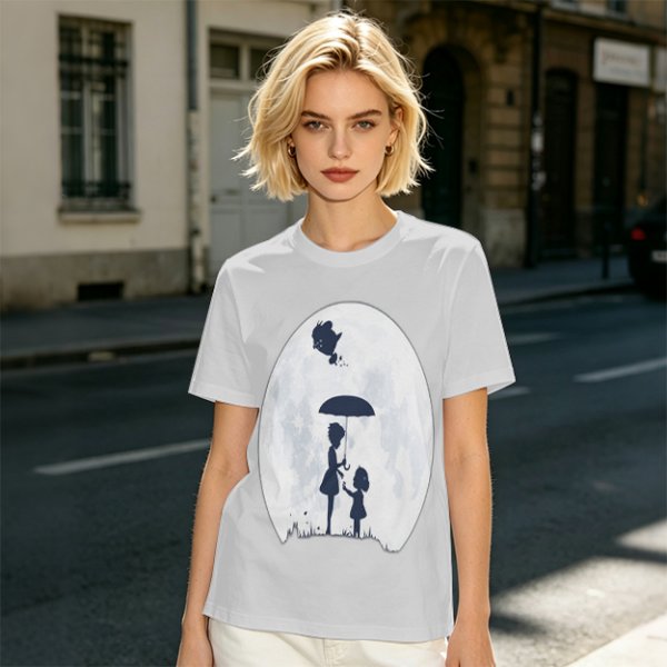 Olive T-Shirt With Moon Silhouette Of Two Children And Umbrella
