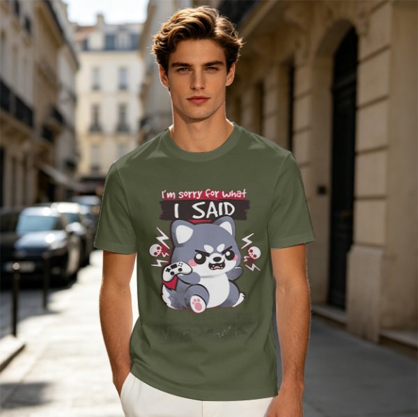 Olive t-shirt with angry gaming wolf graphic and funny apology text
