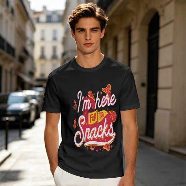 Olive green graphic tee with 'I'm here for the snacks' print