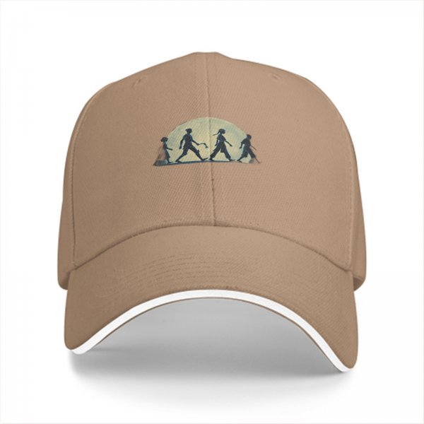 Black baseball cap with walking silhouettes against a moon backdrop
