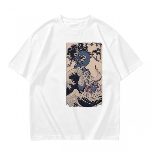 Olive T-Shirt with Japanese Ukiyo-e Dragon and Wave Print