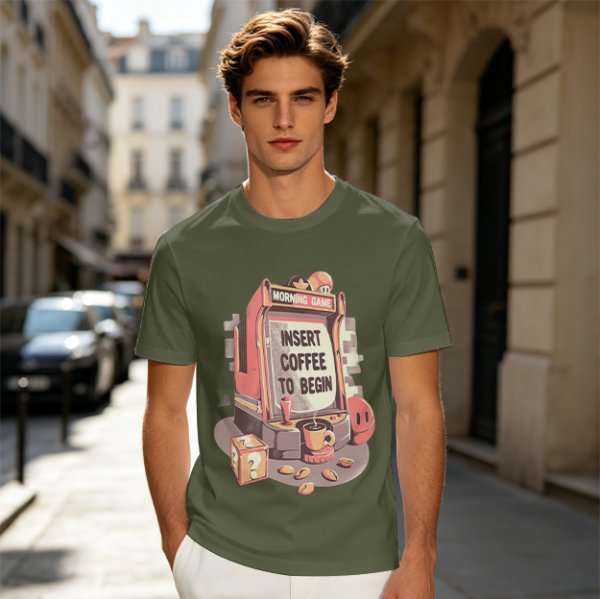 Gaming Themed T-Shirt With 'Insert Coffee To Begin' Print