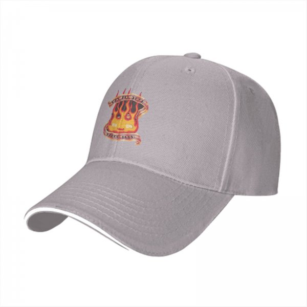 Black baseball cap with flame and banner graphic design