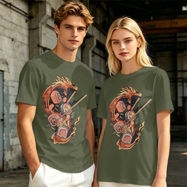 Olive T-shirt with Sushi Dragon Chopstick Art Print