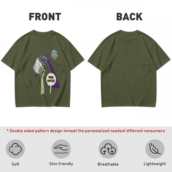 Olive Zombie Hand Holding Coffee Mug 'More Coffee!' Graphic T-Shirt