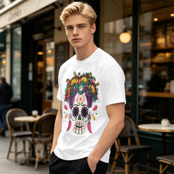 Olive T-Shirt with Day of the Dead Sugar Skull and Taco Food Art