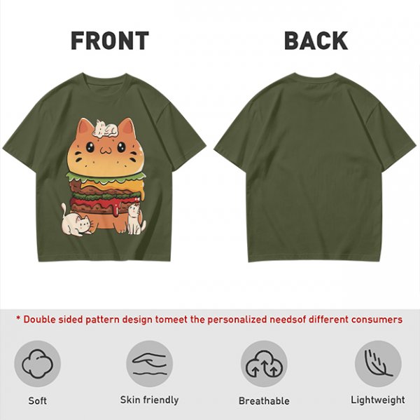 Olive T-Shirt With Cute Cat Burger And Kittens Print