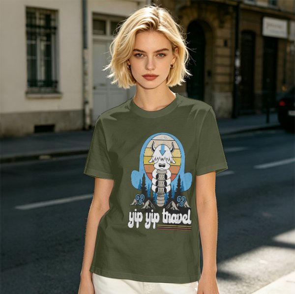 Olive green t-shirt with Appa graphic and 'yip yip travel' text