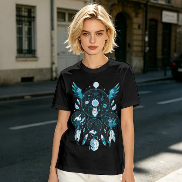 Olive T-Shirt With Celestial Dreamcatcher And Animal Artwork