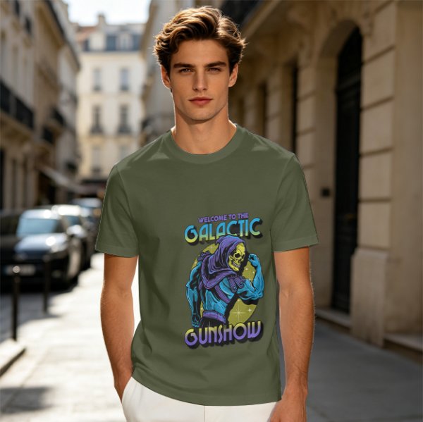 Olive T-shirt with Galactic Gunshow Skeleton Graphic Print