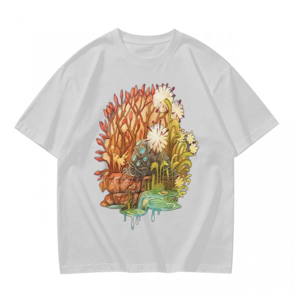 Olive Green T-Shirt with Whimsical Nature Floral and Rock Art Print