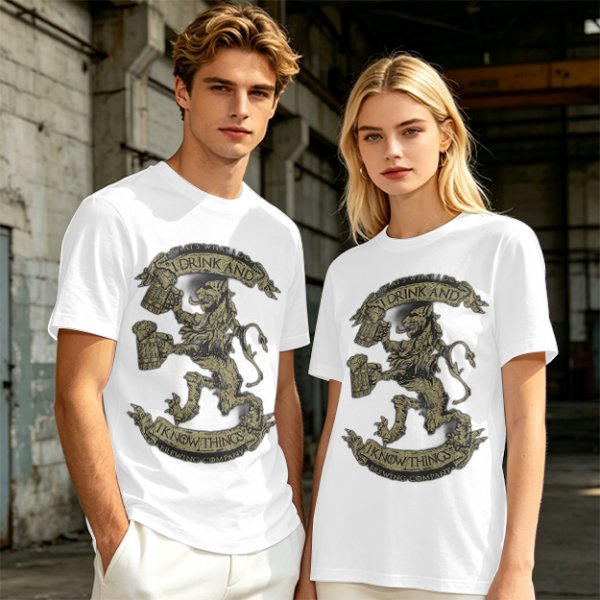 Olive T-shirt with 'I Drink And I Know Things' Lion Beer Graphic