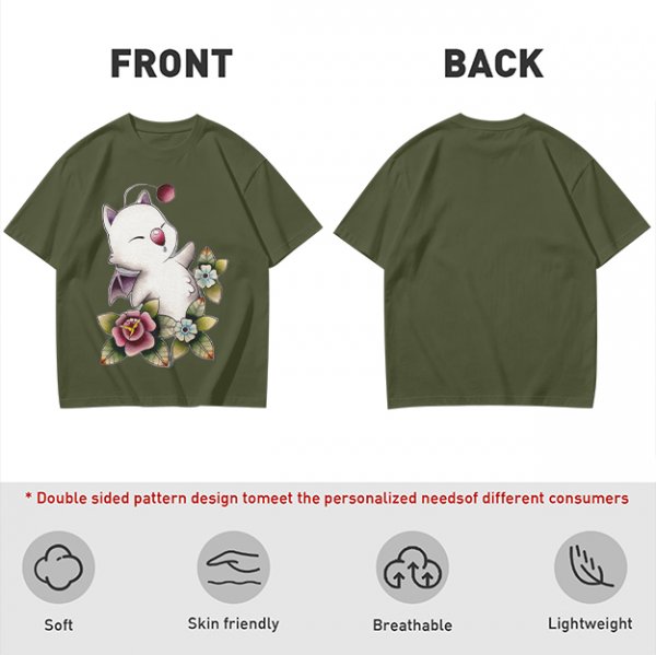 Olive T-Shirt Featuring Cute Fantasy Creature and Floral Art