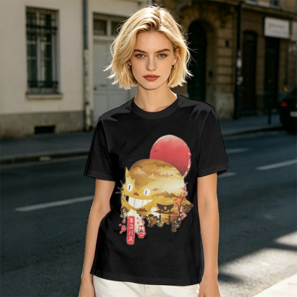 Olive t-shirt with Japanese cat bus and sun graphic