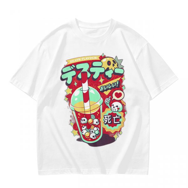Olive t-shirt with spooky skull bubble tea graphic and Japanese text