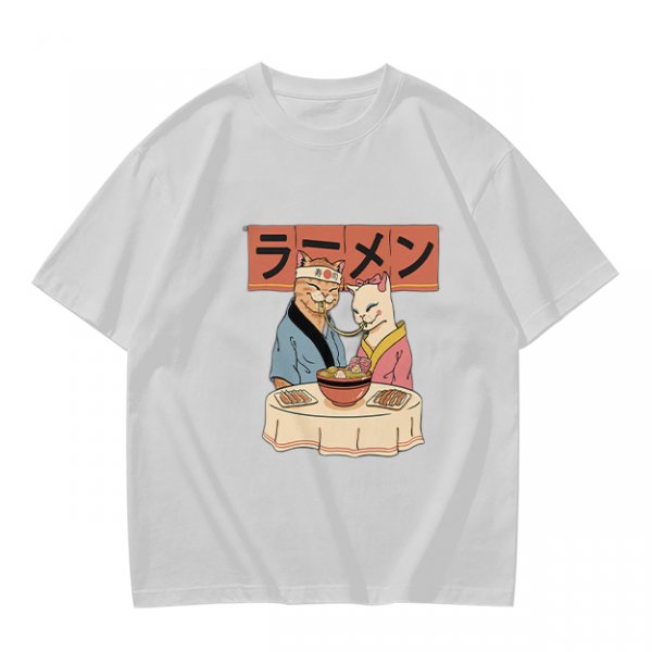 Olive T-Shirt With Cats Eating Ramen Japanese Art Print
