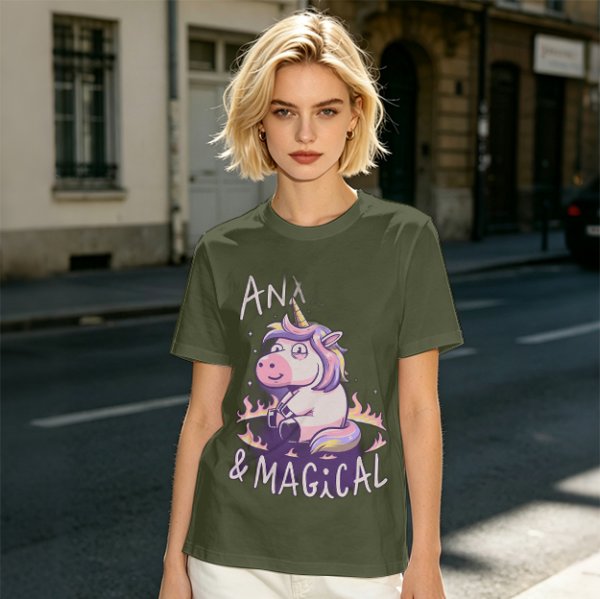Anxious Magical Unicorn Graphic Olive T-Shirt