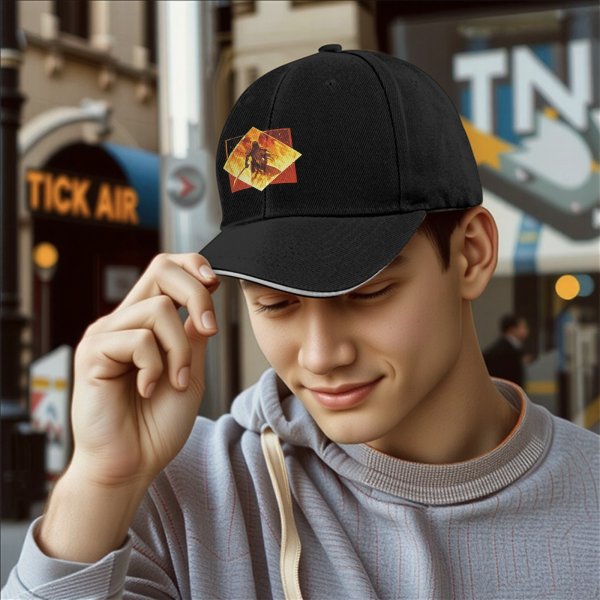 Black Baseball Cap With Fiery Warrior Silhouette Graphic
