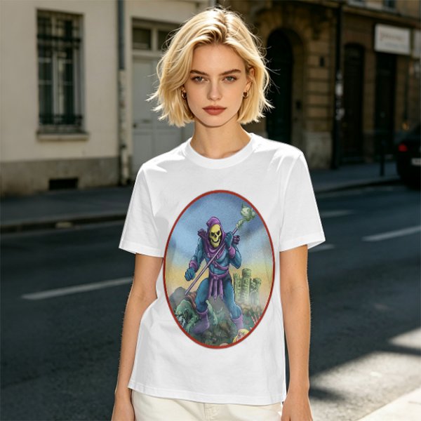 Olive T-Shirt Featuring Skeletor Holding His Havoc Staff