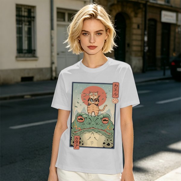 Olive T-shirt with Samurai Cat Riding Giant Frog Japanese Art Print