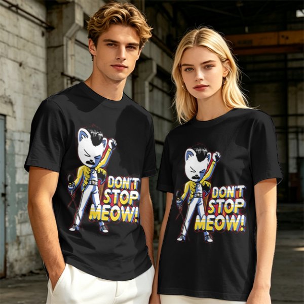 Olive graphic t-shirt with cat Freddie Mercury 'Don't Stop Meow' print