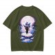 Olive T-Shirt With Moonlit Pirate Ship And Silhouette Figure Print