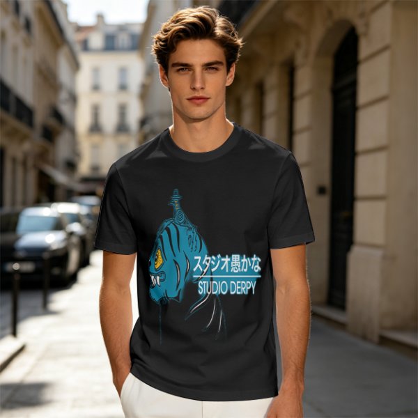 Olive Graphic T-Shirt with Blue Tiger and Studio Derpy Text