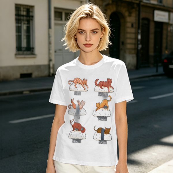 Olive green t-shirt with sushi cat illustrations