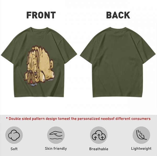Olive Green T-Shirt With Cartoon Droopy Pug Graphic Print
