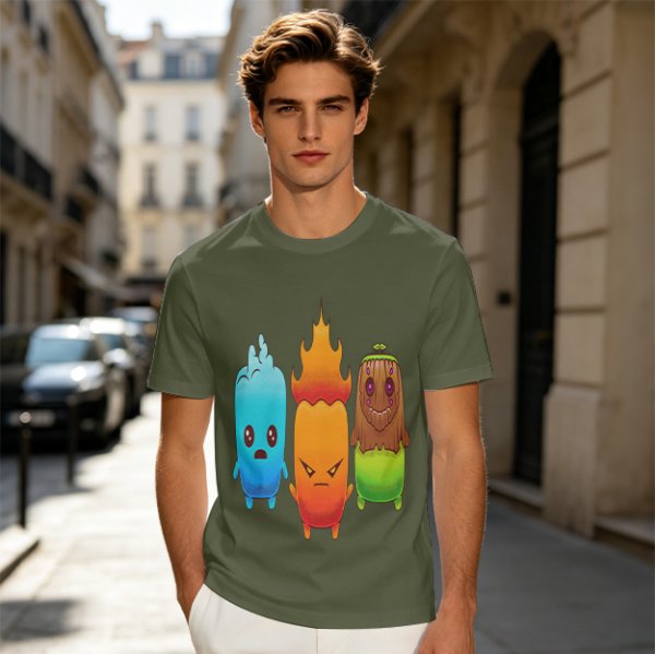 Olive T-Shirt With Cute Water Fire And Earth Elemental Characters