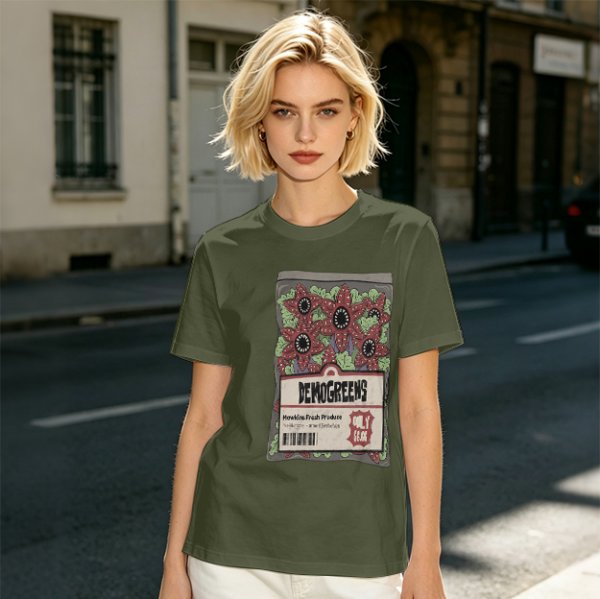 Olive Green T-Shirt With Demogorgon Vegetable Packet Print