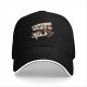 Black baseball cap with caffeine kick cartoon coffee mug graphic