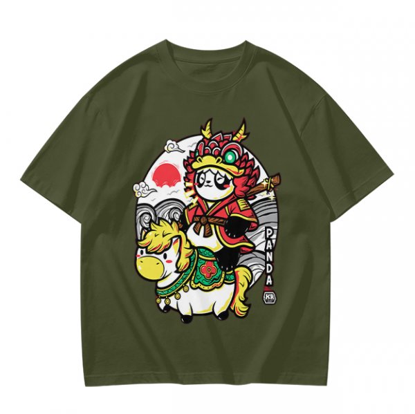 Olive T-shirt with Panda Warrior Riding Mythical Horse Graphic