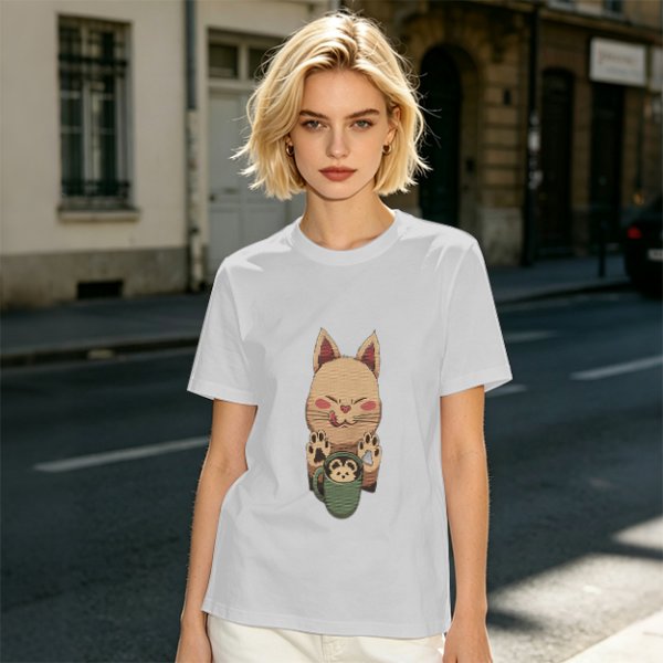 Olive green t-shirt with cute cat holding a mug print