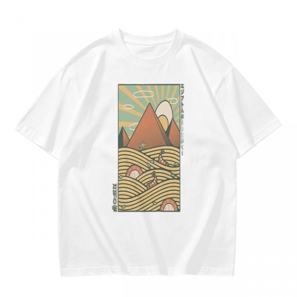 Olive T-Shirt With Retro Mountain And Ramen Noodle Landscape Print